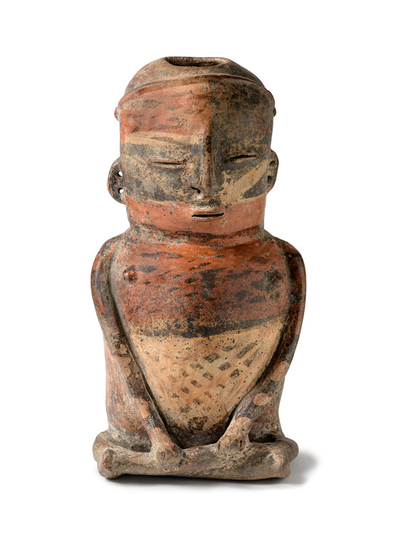 Funerary vessel in form of seated thinker, pensador. Middle Cauca Valley, Colombia.